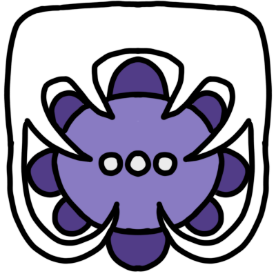 A light purple oval with eight half-circles around it, representing a table with people sitting at it. the table has a white ellipsis on it, and there is a shared speech bubble with six tails all coming from the table.